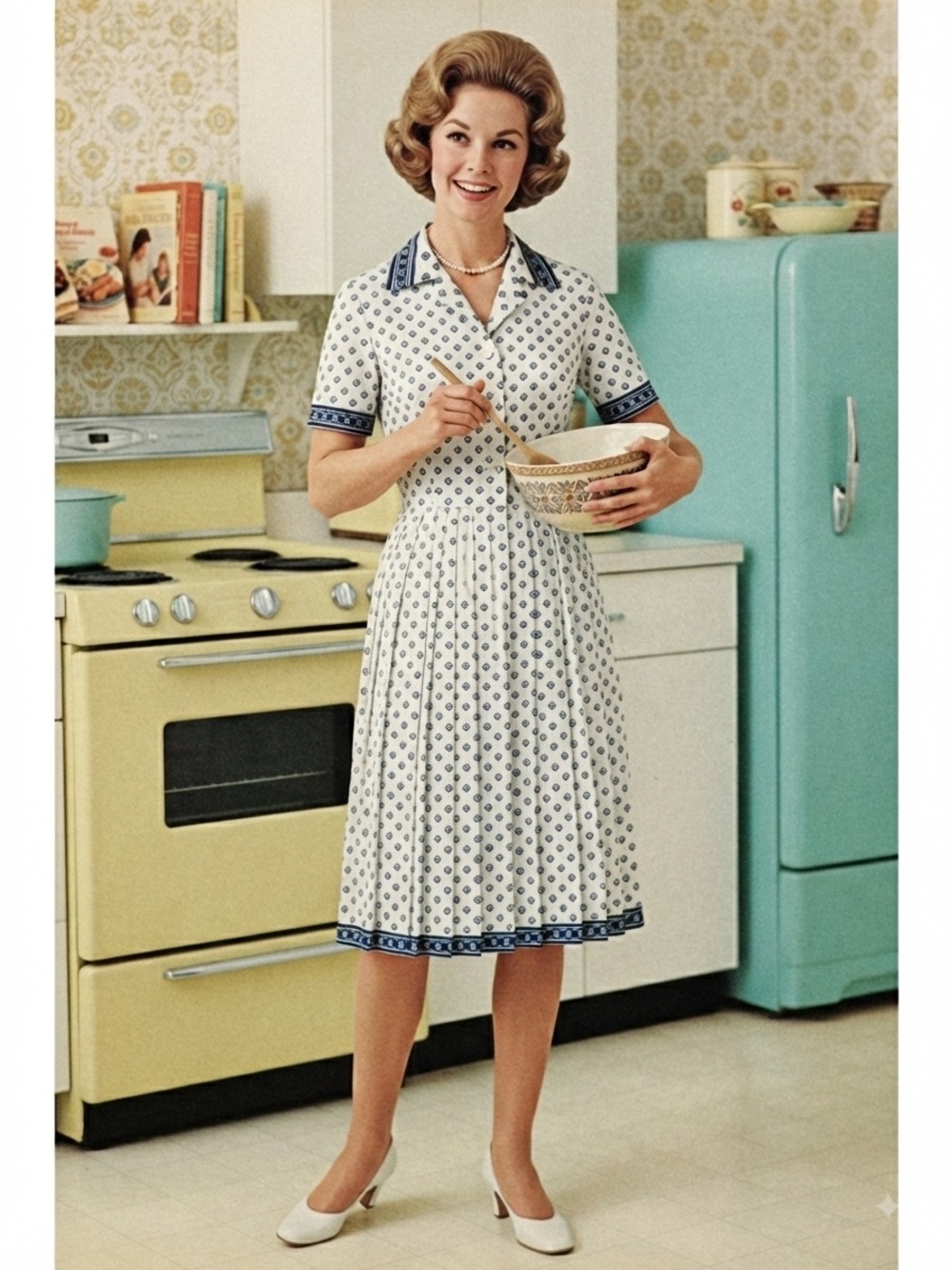 Vintage 70s Women’s White and Navy Short-Sleeve Shirtwaist Dress Knife Pleat